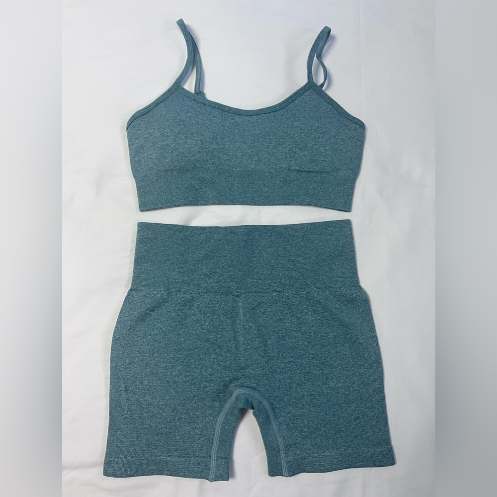 Womens Workout High Waist Biker Short & Top 2 Piece Set Seamless Ribbed Size M